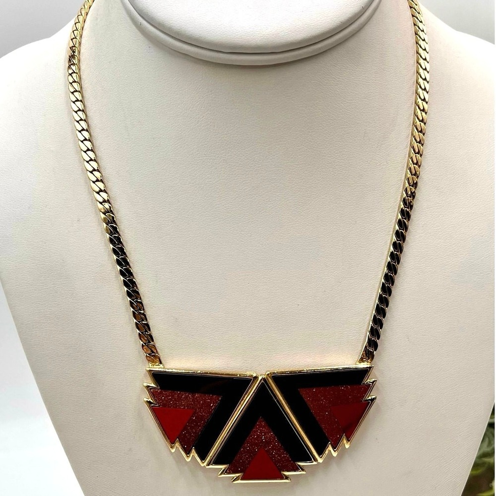 Ben-Amun Designer Red Brown Geometric Gold Tone Pendant Art Deco‎ Necklace
